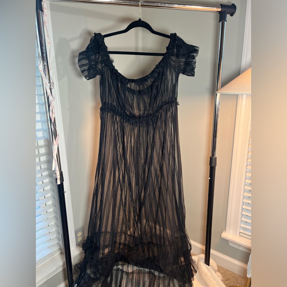 Black Tulle Mesh Puff Sleeve Sheer Dress Plus Size Romantic Striped 2X Cosplay